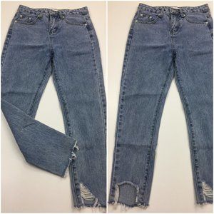 HOFSTORE High Waist Raw Distressed Hem Mom Jeans